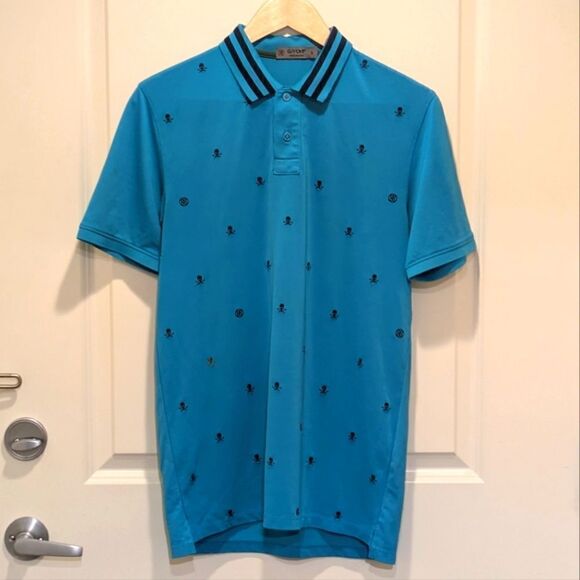 EUC G/FORE S Skull Embroidered Stretch Golf Polo in Bluebird - Picture 2 of 5